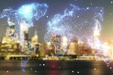 Aufkleber - Multi exposure of abstract creative digital world map hologram on blurry cityscape background, research and analytics concept
