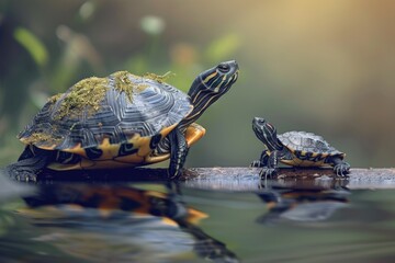 Poster - Two turtles sit on a log, enjoying the outdoors
