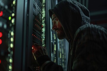Poster - A person in a hoodie works on a computer server, with cables and screens in the background