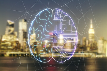Poster - Double exposure of creative human brain microcircuit hologram on blurry office buildings background. Future technology and AI concept