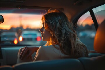 Aufkleber - A woman sits in the passenger seat of a vehicle, possibly waiting or traveling