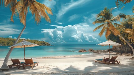 Wall Mural - A tropical beach with palm trees, beach chairs, and umbrellas, set against a backdrop of a calm ocean and blue sky. Generative AI.