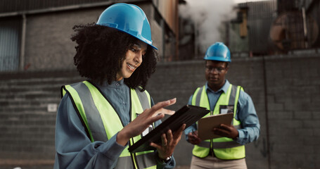 Canvas Print - Construction, planning and people on tablet for teamwork, inspection and maintenance. Civil engineering, architecture and man and woman with clipboard for project, infrastructure and manufacturing