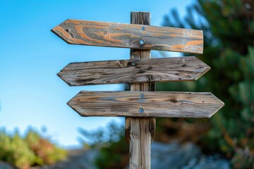 Fototapete - A wooden sign featuring multiple arrows pointing in diverse directions