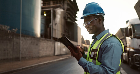 Poster - Construction, inspection and black man on tablet in city for planning, building and maintenance. Civil engineering, architecture and person on digital for project, infrastructure and manufacturing