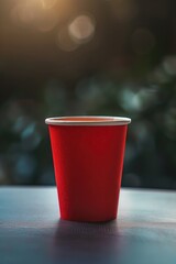 Aufkleber - A bright red cup sitting alone on a table, with a simple and clean background