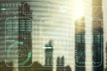 Poster - Multi exposure of creative statistics data hologram on modern skyscrapers background, stats and analytics concept