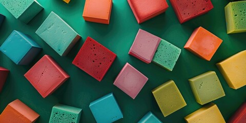 Poster - A collection of colorful blocks arranged on a green surface, possibly for creative play or demonstration