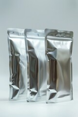 Poster - Three silver foil bags sitting side by side, suitable for packaging or decorative purposes