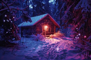 Canvas Print - A cozy cabin surrounded by snow at night