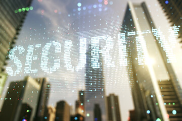 Poster - Virtual cyber security creative concept on blurry cityscape background. Double exposure
