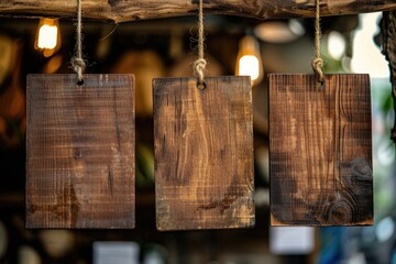 Poster - Outdoor scene with three wooden signs hanging from a tree branch, possibly used for hiking trails or nature reserves