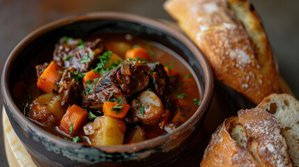 Wall Mural - a rich beef stew, featuring tender chunks of beef, carrots, and potatoes in a savory broth, served in a rustic bowl with a loaf of crusty bread on the side