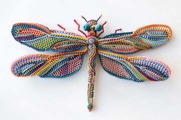 Elegant crochet dragonfly with detailed wings, perfect for summer decorations, handmade gifts, and textile art enthusiasts.