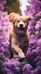 Poster - A dog running in the summer flowers garden purple outdoors blossom.