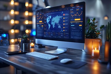 Poster - modern desktop with lit candles and world map data display