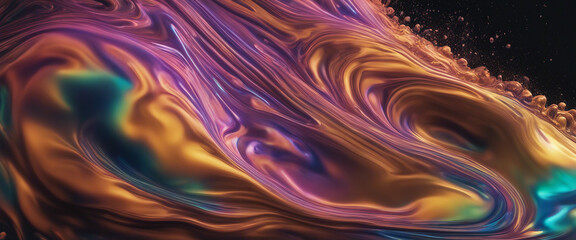 Bold holographic liquid blob shape isolated Iridescent wavy melted substance on black background