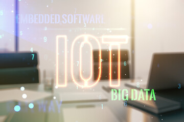 Poster - Creative IOT illustration and modern desktop with pc on background, future technology concept. Multiexposure