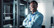 © peopleimages.com - Man, portrait and engineer with crossed arms in server room, firmwear update and programmer or cyber security. Developer, confident and IT support or upgrade network or gdpr, database and data centre