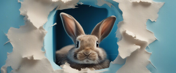 Bunny peeking out of a hole in blue wall fluffy eared bunny easter bunny banner rabbit jump out torn