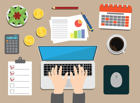 Office Worker Typing on Laptop Flat Lay. Work place people and technology concept vector art