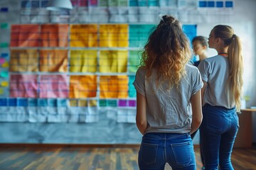Poster - Women Reviewing Colorful Sticky Notes on a Wall in an Office