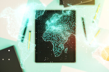 Poster - Multi exposure of abstract graphic world map and modern digital tablet on background, connection and communication concept
