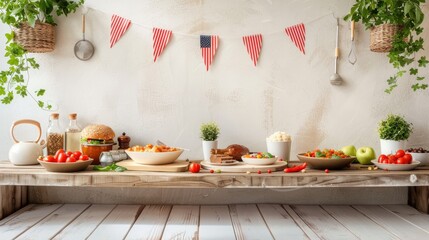 Wall Mural - All-American BBQ Bash - Festive Flat Design Illustration with Patriotic Decorations and Grilled Food Delights