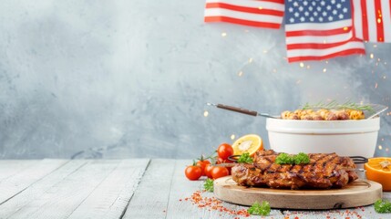 Wall Mural - Patriotic Barbecue Party with American Flag Decorations - Festive Grilling Food Celebration in Flat Design Illustration