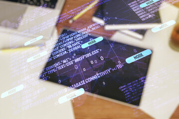 Aufkleber - Double exposure of abstract programming language hologram with world map and digital tablet on background, top view, research and development concept