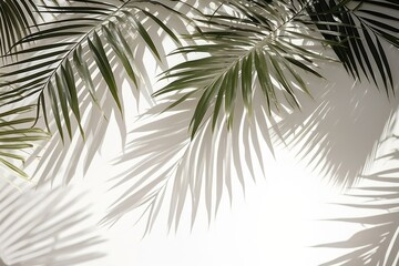 Poster - A white wall with green palm leaves and shadows sunlight outdoors nature.