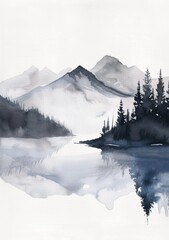 Poster - watercolor color abstract brush painting art of beautiful mountains, mountain peak with firs, forest trees, minimalism landscape panorama banner illustration, isolated on white background