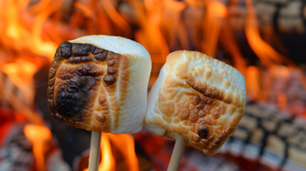 Close-up of a tasty looking two marshmallows roast on the bonfire