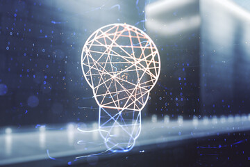 Poster - Abstract virtual light bulb illustration on blurry contemporary office building background, future technology concept. Multiexposure