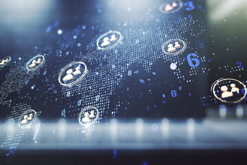 Aufkleber - Double exposure of social network icons hologram and world map on modern business center exterior background. Marketing and promotion concept