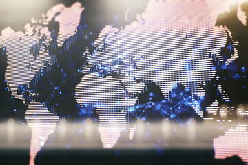 Poster - Double exposure of abstract digital world map on modern business center exterior background, research and strategy concept