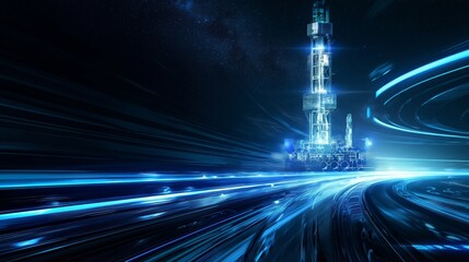 Wall Mural - A towering futuristic structure emits blue light, surrounded by dynamic, glowing blue trails against a dark, starry background.