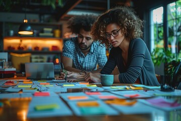 Poster - Two Colleagues Brainstorming a Project at a Desk With Sticky Notes