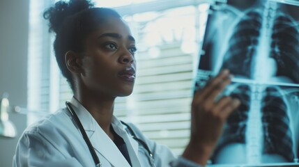 Wall Mural - Beautiful black Brazilian doctor Wearing a white coat, she is examining x-rays in her office.