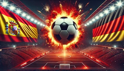 Wall Mural - Spain vs Germany football match, Spanish flag, German flag, stadium and soccer ball, Euro 2024, UEFA European Football Championship 2024, 1/4 finals