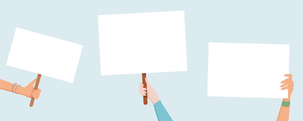 Set of hands hold blank signs at a protest, showing community unity. People, both male and female, display template boards and banners. The crowd demonstrates solidarity, empowering with support