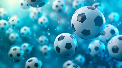 Wall Mural - Soccer Balls Floating in Blue Abstract Background.