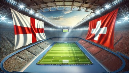 Wall Mural - England vs Switzerland football match, English flag, Swiss flag, stadium, Euro 2024, UEFA European Football Championship 2024, 1/4 finals