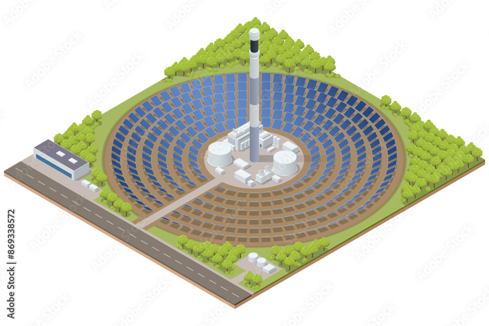 Isometric concentrated solar thermal system with power tower and ...