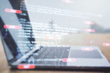 Aufkleber - Multi exposure of abstract graphic coding sketch on modern computer background, big data and networking concept