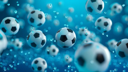 Wall Mural - Soccer Balls Floating in Blue Water.