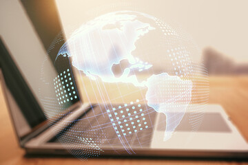 Poster - Double exposure of digital America map on laptop background, research and strategy concept