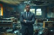© gearstd - A man in a suit stands confidently with arms crossed in a messy, destroyed room with a damaged ceiling, surrounded by debris and broken furniture.