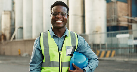 Poster - Industrial, outdoor and black man with portrait at construction site for maintenance, building repairs or project development. Engineer, safety and employee for confidence, infrastructure or labour