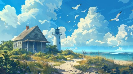 Coastal minimal cute house with a lighthouse nearby on sandy beach, and seagulls in the sky, Digital painting, Anime style.